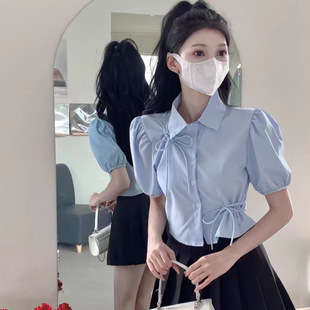 College-style Blue Shirt Women's Summer New Slim-fit Short Design Hollow-out Top Two-piece Suit High-end