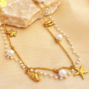 European and American style pearl star necklace Joker jewelry wholesale stainless steel plated 18K gold fashion marine element jewelry