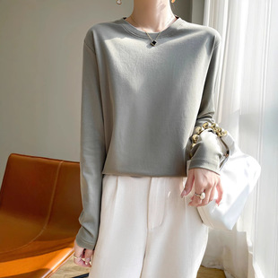 High-end Double-sided mercerized cotton Long-sleeved T-shirt Women's Crewneck T-shirt Long Velvet Cotton Loose Combed Cotton Base Shirt Top