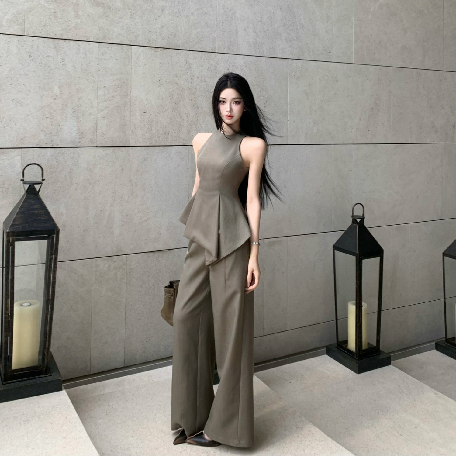 Jayky Yang Miss Bella Asymmetrical Waist-Cinching Round Neck Sleeveless Top Loose Straight-Leg Casual Pants Set