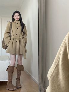 Korean version of loose stand collar double-sided woolen coat women's 2025 autumn and winter new khaki lace-up woolen coat