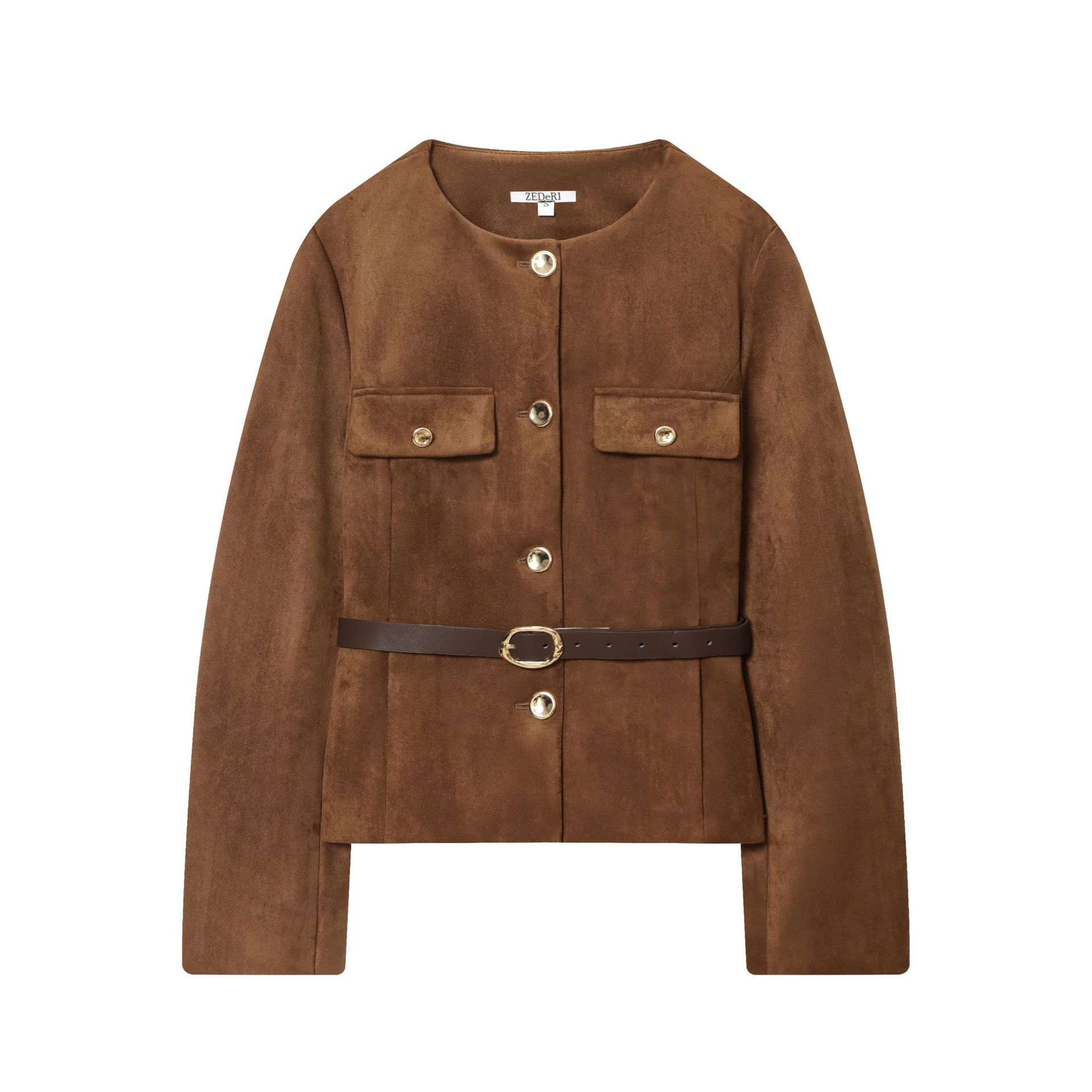 Foreign Trade European and American Style 25 Autumn and Winter Work Clothing Elegant with Belt Suede Texture Effect Round Neck Long-Sleeved Suit Jacket