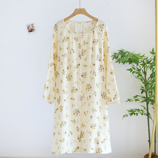 Cotton crepe dress spring/summer washed cotton double-layer gauze long-sleeved nightdress pajamas home wear Korean style home dress