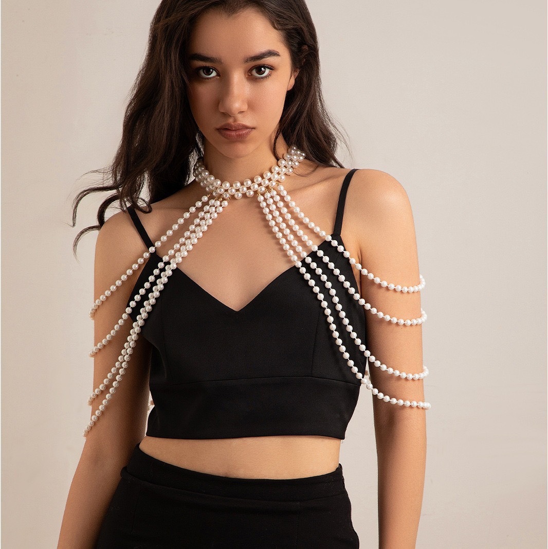 Cross-Border Imitation Pearl Tassel Shawl European and American Sexy Chest Chain Cheongsam Dress Cloud Shoulder Accessories
