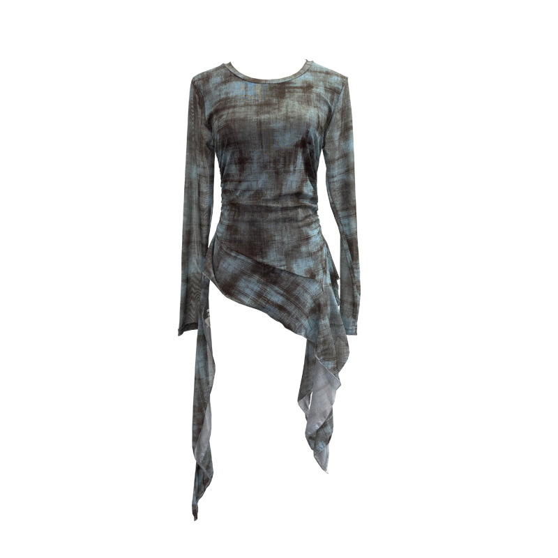 Real Shot of Retro Printed Double-Layer Mesh Long-Sleeved Top with Asymmetrical Ribbon Design and Slim Fit T-Shirt 99981