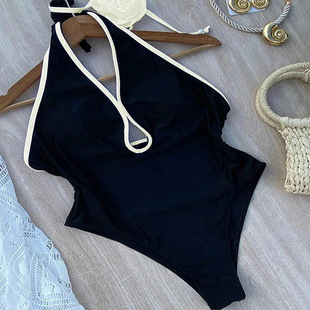 Amazon foreign trade swimsuit 2024 new solid color neck three-dimensional flower swimsuit women's waist slimming beach bikini