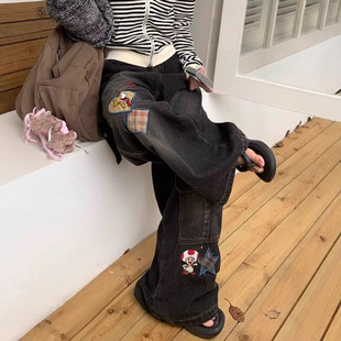 American Vintage plus size Cute Wide Leg Pants Washed Cartoon Embroidery Design Sense Jeans Women's Loose Trousers