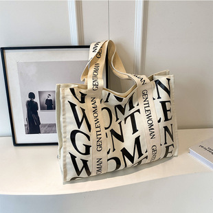 Gentle Woman Large Capacity Letters Tote Canvas Bag 2024 New Textile Wide Shoulder Strap Trendy Shoulder Bag