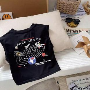 100 Cotton 2024 Summer New Kids Baby Sleeveless T-shirt Korean Printed Boys' Vest Top Trendy