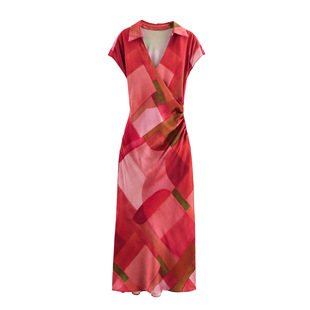 Amazon wholesale spring new women's geometric pattern print lapel pleated slim silk satin texture dress