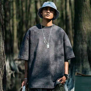Summer new American short-sleeved T-shirt men's round neck heavy loose oversize washed distressed ins fashion brand top