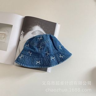 Korean Embroidered Bow Washed Denim Children's Fisherman Hat Retro Face-Covering Slimming Basin Hat
