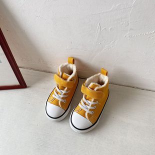 Children's Fleece-lined Canvas Shoes 2021 Winter New Korean Style Boys and Girls High-top Fleece-lined Board Shoes Baby Soft-soled Cotton Shoes