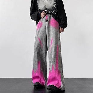American vibe vintage graffiti jeans men's high street hiphop hip hop ruffle handsome waste soil style wide leg mopping trousers