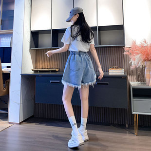 Real shot 2024 summer Denim shorts elastic high waist rough wide leg pants slim Joker plus size women's 230kg