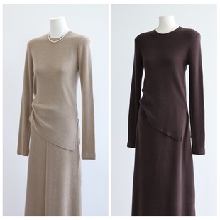 Double-Layer Round Neck Autumn and Winter Wool Long-Sleeved Knitwear Wool Blbottomed Bevel Hem Slit Bottoming Knitwear Pullover for Women