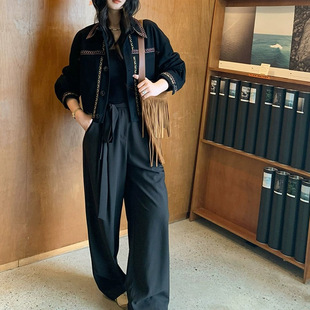 Xiao Ren Yi Vintage Embroidered Denim Coat Women's Spring and Autumn Short Chanel Style Black Loose Casual Top
