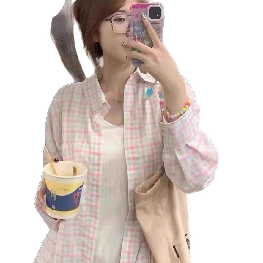 한국 홍콩 스타일 다목적 컬러 격자 무늬 셔츠 여성 봄, 가을 얇은 셔츠 디자인 긴팔 자켓 인 탑