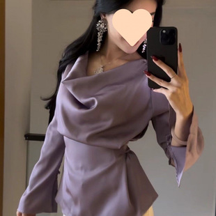 Purple Satin Shirt Women's Autumn Design Sense Swing Collar High-end Sense Temperament Tight Waist Slimming Shirt Top