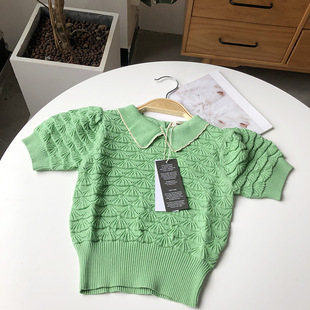 2022 Summer Thin Children's Wear European and American Style Girls' Lapel Knitted Top New Short-sleeved Pullover for Baby Girls
