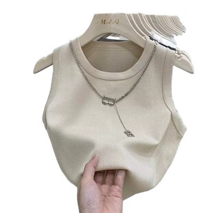 Summer round neck sleeveless suit with striped knitted camisole women's short bottoming shirt waistcoat