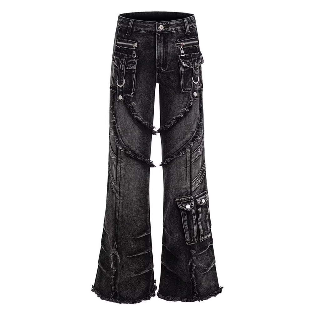 American Retro Flared Jeans Unisex Visual Style Multi-Pocket Design High Street Vibe Trendy Brand Cargo Pants