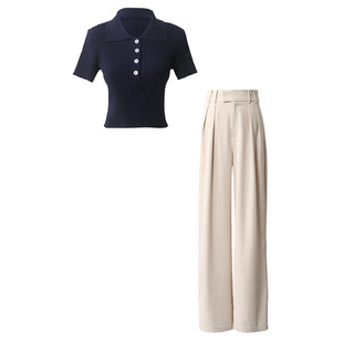 [Spot] Zhao Rusi with Korean navy blue slim short knitted jacket Joker casual pants suit women