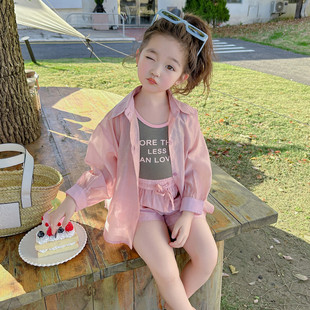 Girls' Letter Sun Protection Clothing Three-Piece Set 2025 Summer New Fashion Girl Stylish suit Children's Summer Clothes