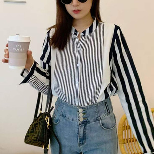 Spring and Autumn Vintage Artistic Slim Striped Design V-Neck Shirt Long Sleeve Shirt