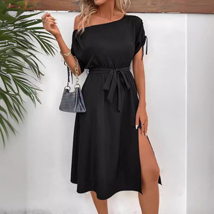 5081 in stock foreign trade goods source spring and summer women's elegant fashion solid color short sleeve dress