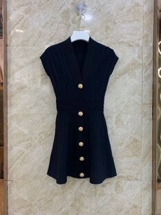 French 24 Autumn and Winter New Style Spliced Stripesd Threaded Buckle Elegant Waist V Neck Elegant Versatile Dress