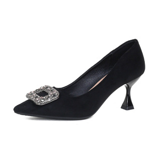 High-heeled shoes women's spring and autumn fine heel rhinestone suede not tired feet temperament pointed square buckle single shoes temperament new explosions