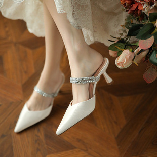 2024 New Ladies Sandals Women's Summer Baotou Two Wear Stiletto Heel Pointed High Heels Rhinestone Slippers for Outer Wear