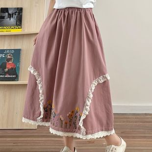 New Niche Stitching Skirt Retro Lace Artistic High Waist All-match Color Japanese Autumn and Winter Half-length