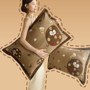 Cute Girl's Style Cotton Gauze Pillowcase Pair of Cartoon Button Sweat Absorbent Breathable Cotton and Linen Pillow Cover Pillow Cover
