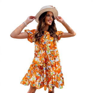 2023 Independent station wish Amazon explosion summer horn sleeve round neck print irregular hem dress