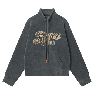 Nariele American fleece-lined fashion brand patch embroidered hooded sweater men's oversize loose stand collar couple
