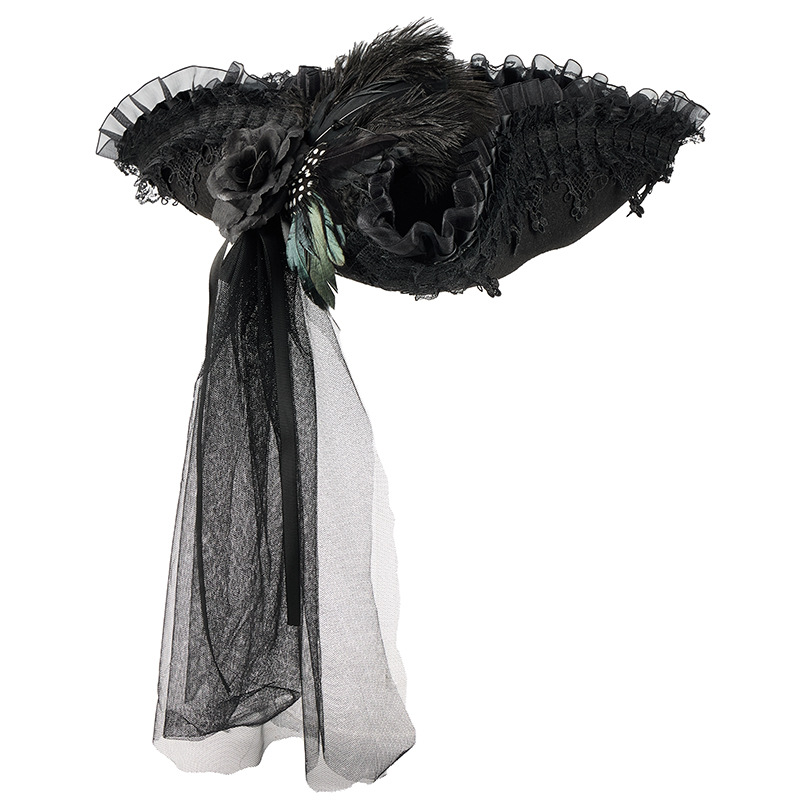 Cosplay Pirates of the Caribbean Captain Hat Halloween Party Dark Lace Mesh Feather Tricorn Hat