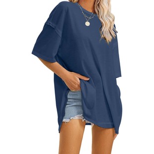 2024 Europe and the United States cross-border summer women's independent station explosions solid color crew neck side slits loose T-shirt