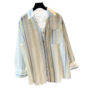 Brand Counter Withdrawal Spring and Autumn Cotton and Linen Contrast Color Stripe Irregular Split Long Sleeve Loose Shirt for Women