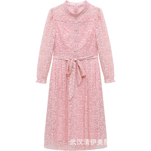 Pink Sweet Light Color Lace dress Women's 2025 Spring New Arrival Belt Tight Waist Mid-Length Long Sleeve Dress