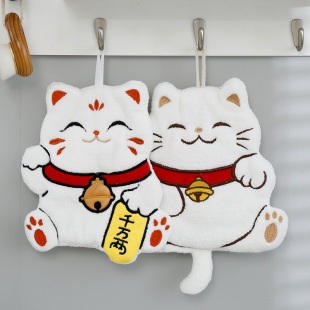 Hanging lucky cat shape coral fleece towel thickened absorbent creative gift towel kitchen bathroom towel