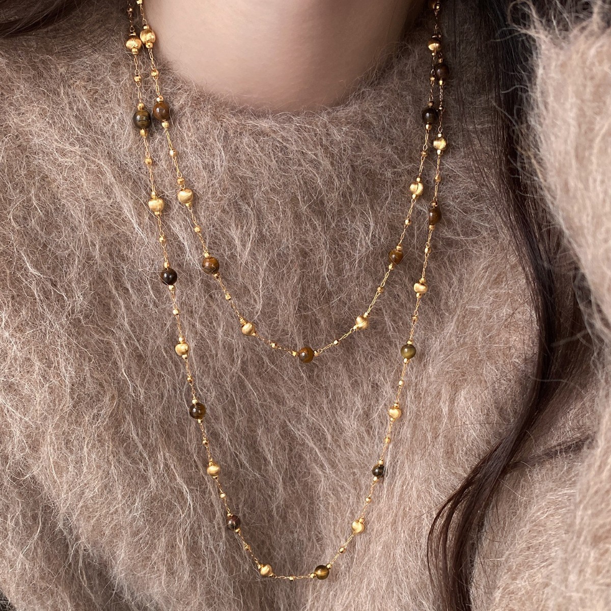 Double-Layered Tiger Eye Stone Necklace for Women 2026 New Style Light Luxury Niche High-End French Style Long Sweater Chain Wholesale