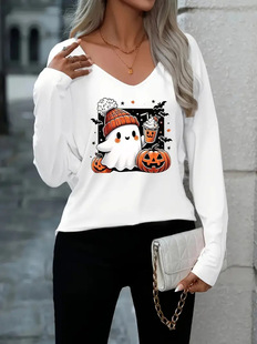 Amazon wsih cross-border new European and American women's Halloween printed V-neck long sleeve T-shirt fashion casual top