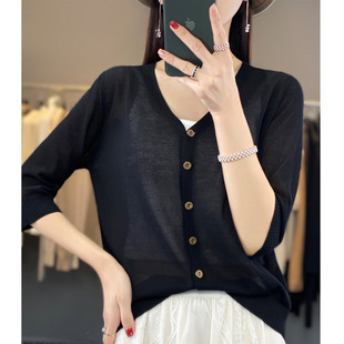 Internet Celebratory Sunscreen Summer Air-conditioned Room Linen Ice Silk Knitted Cardigan Thin Women's Outer Wear Mid-sleeve Coat Cross-border