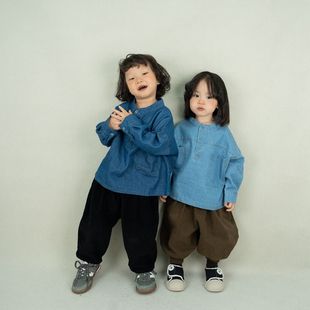 Lazy Personality South Korea Children's Denim Shirt Open Chest Big Pocket Denim Washing Water Vertical Collar Shirt Top for Boys and Girls