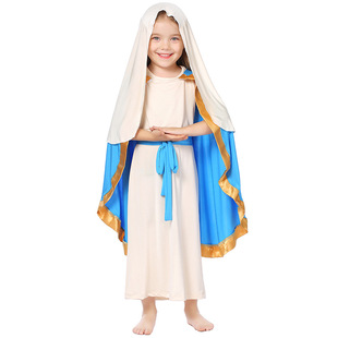 Halloween Cosplay European and American Costume Shepherd Sleeveless Robe Shawl Ancient Parent-Child Rice Blue Dress