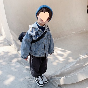 Children's Denim coat boys spring and autumn 2024 new baby coat hooded western style thin velvet children's clothing Korean fashion