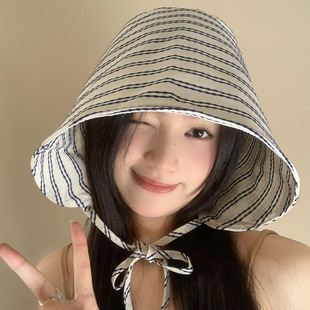 Striped Large Brim Wrap-around Fisherman Hat Women's Summer UV-proof Fashion Sunshade All-match Thin Sunscreen Hat