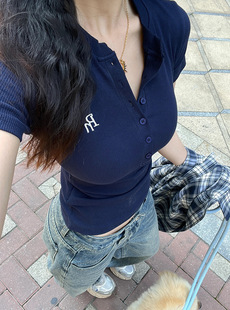 National Fashion Brand Retro navy blue Short-sleeved T-shirt Women's Slim-fit Slimming High-end Sense Socialite Elegant Casual All-match Top